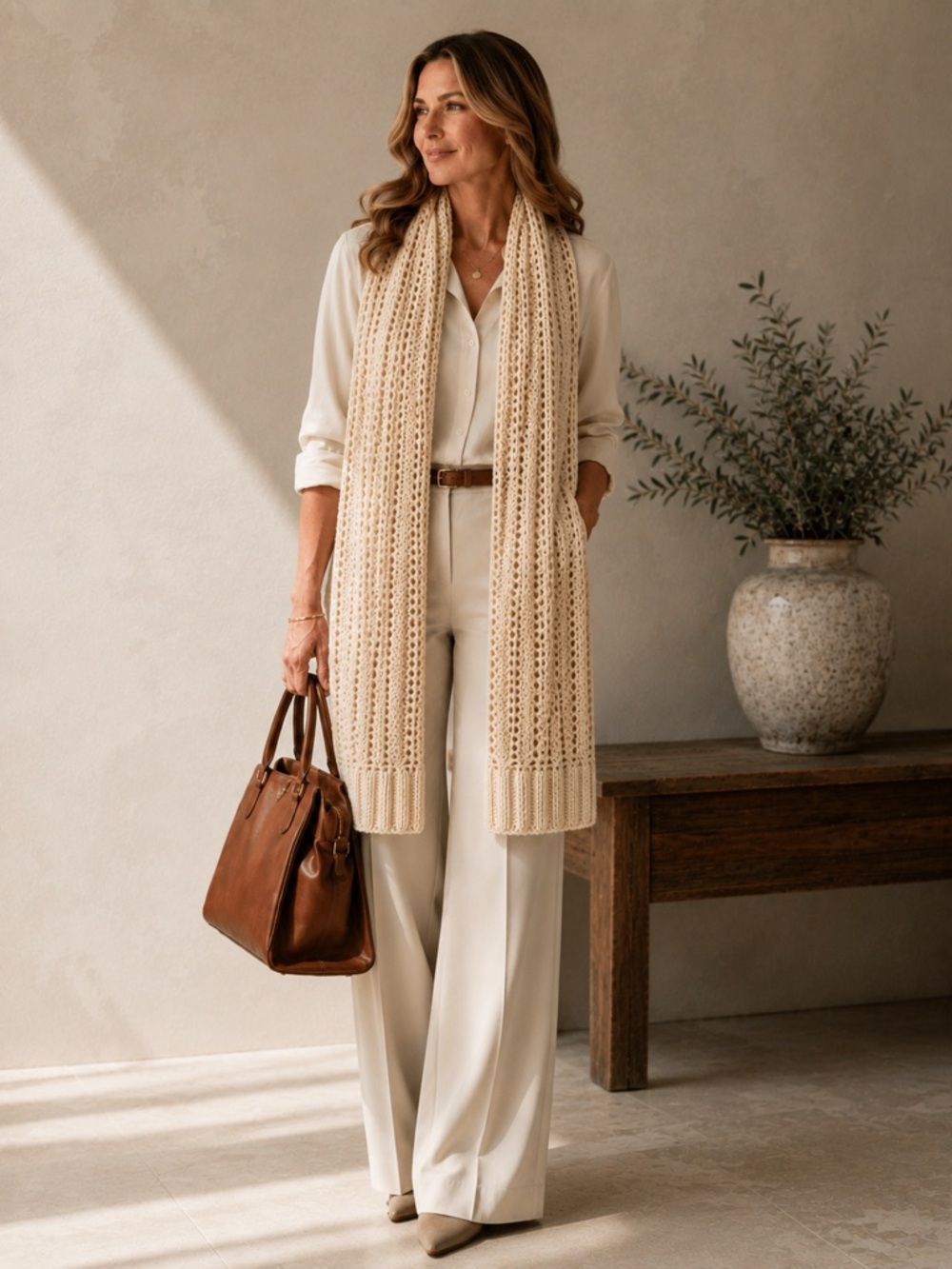 American Eagle Hand Knit Cotton Angora Blend Open Knit Scarf Cream 62” Long